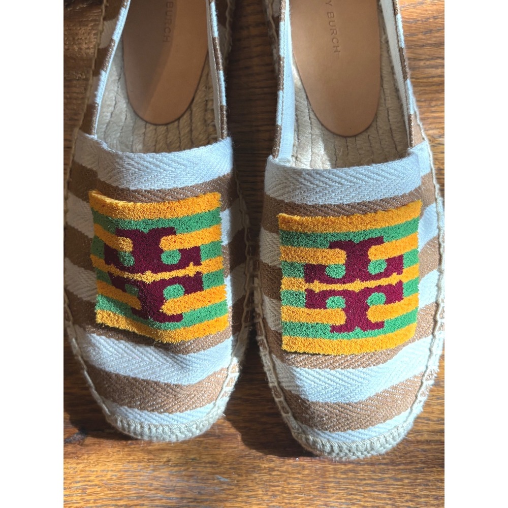 Tory Burch Striped Espadrille Flats Chenille Logo Beige Green 8.5 12423 L23